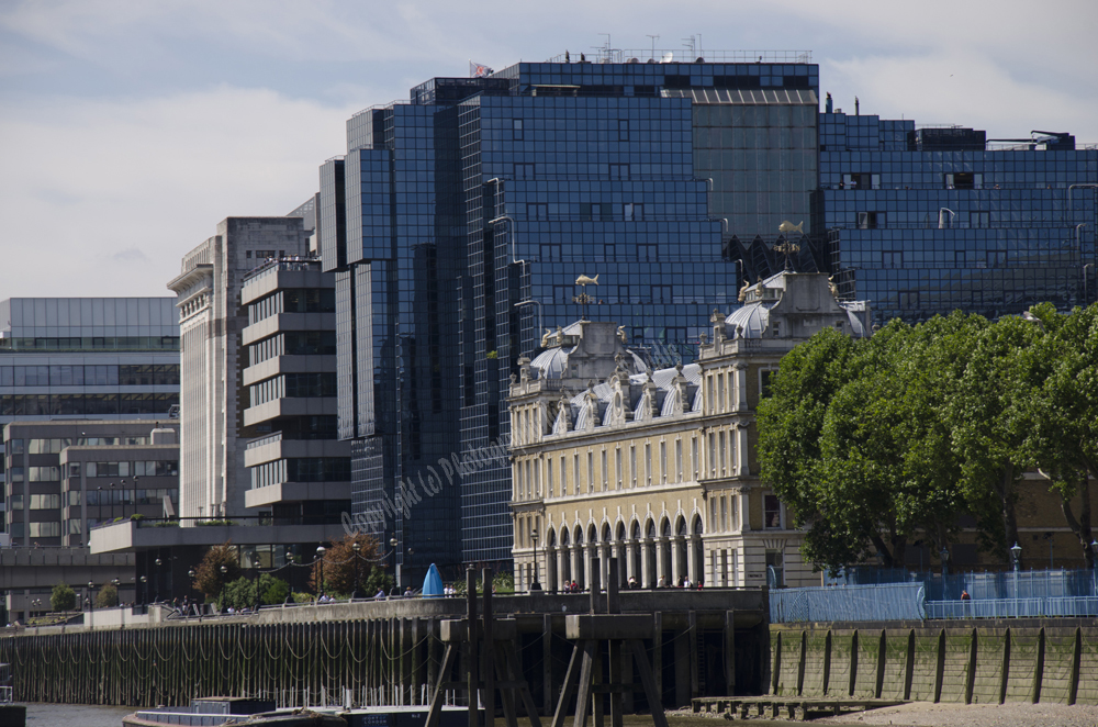 View of buildings from the River Thames, London, England, 2014