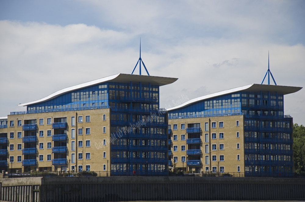 View of buildings from the River Thames, London, England, 2014
